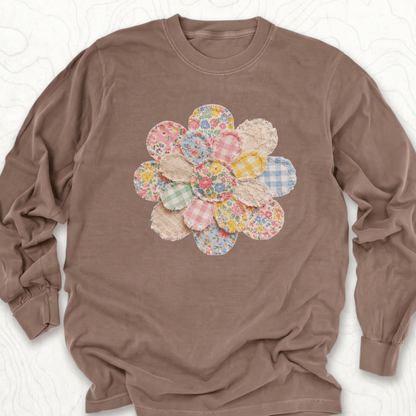 Faux Patchwork Flower LS T-shirt - Espresso