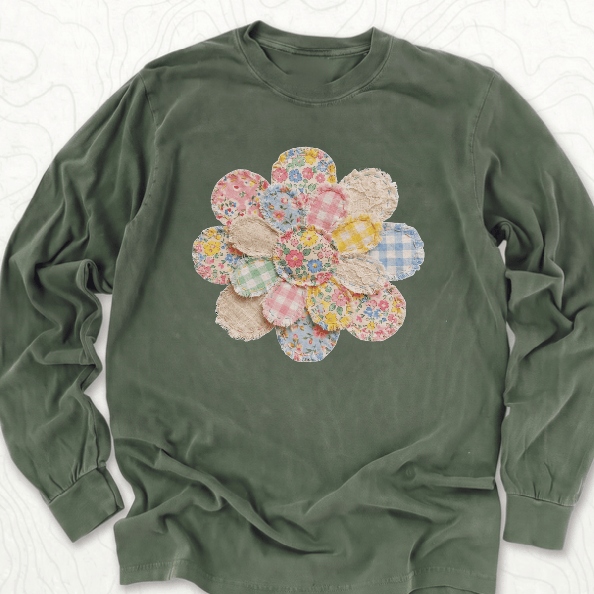 Faux Patchwork Flower LS T-shirt - Hemp