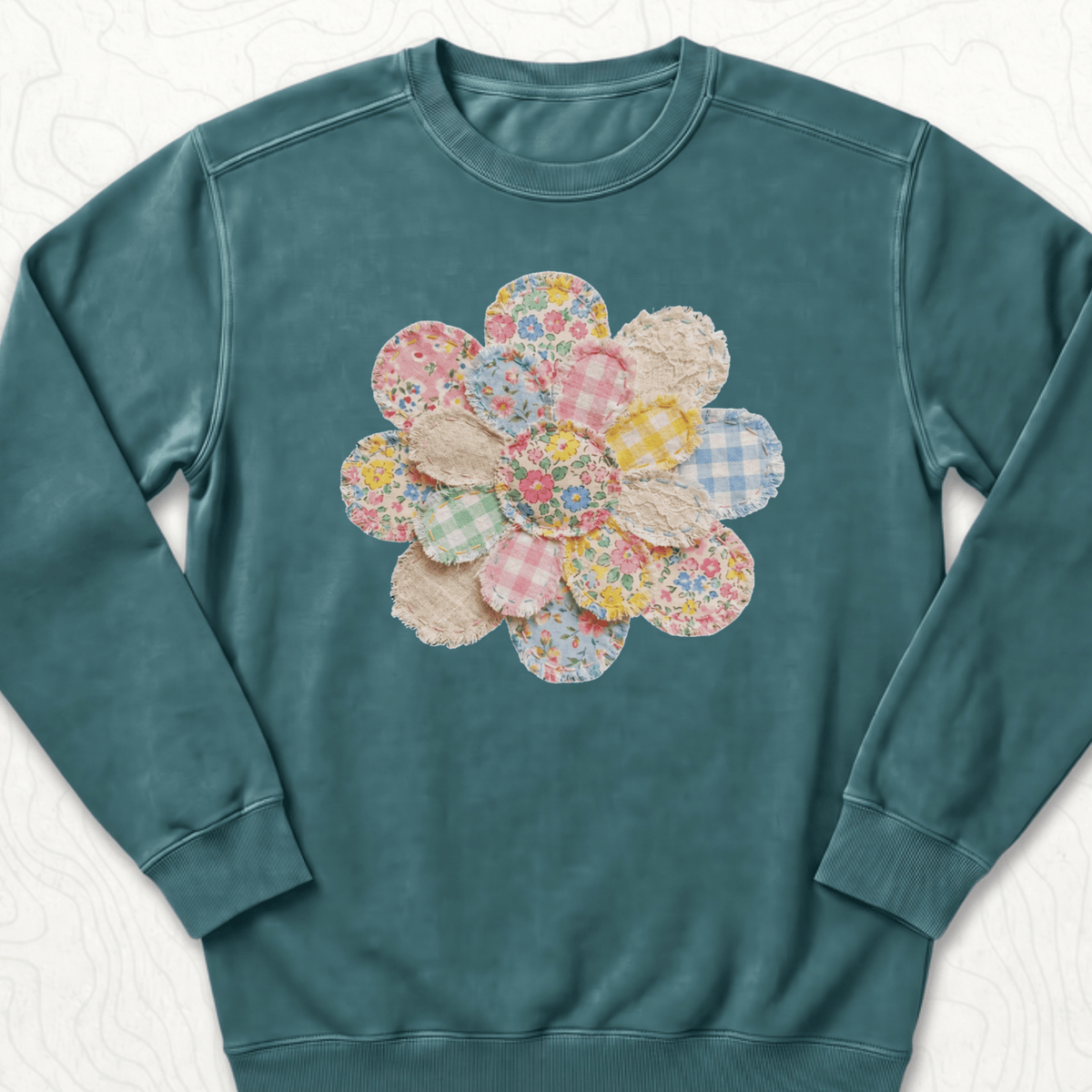 Faux Patchwork Flower Sweatshirt - Blue Spruce