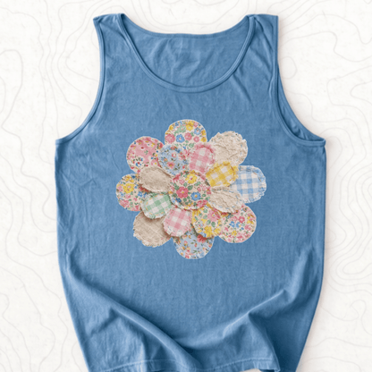 Faux Patchwork Flower Tank Top - Blue Jean