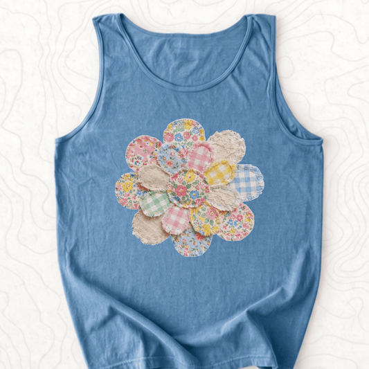 Faux Patchwork Flower Tank Top - Blue Jean