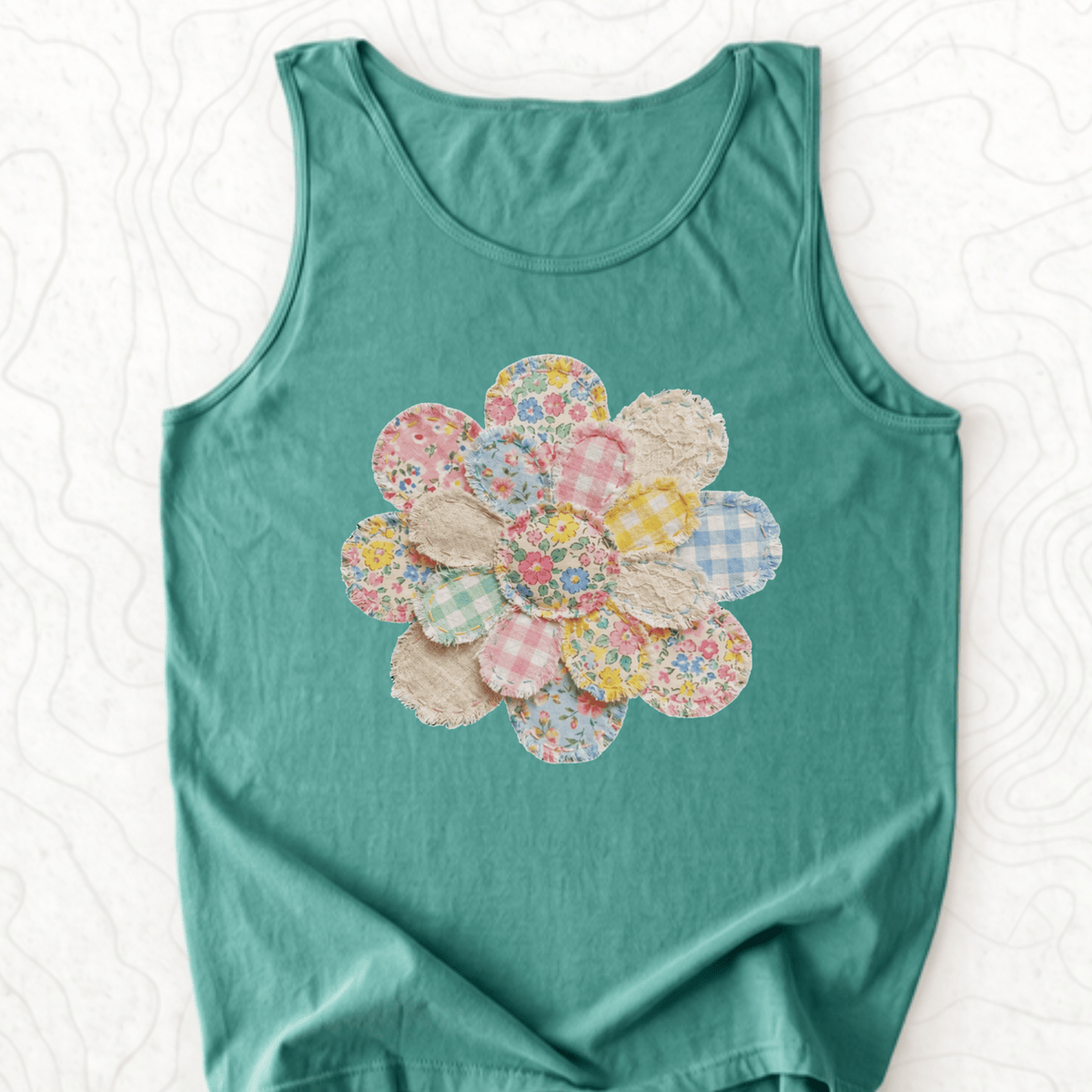 Faux Patchwork Flower Tank Top - Light Green