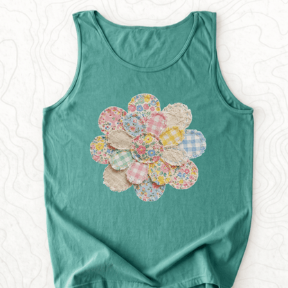 Faux Patchwork Flower Tank Top - Light Green