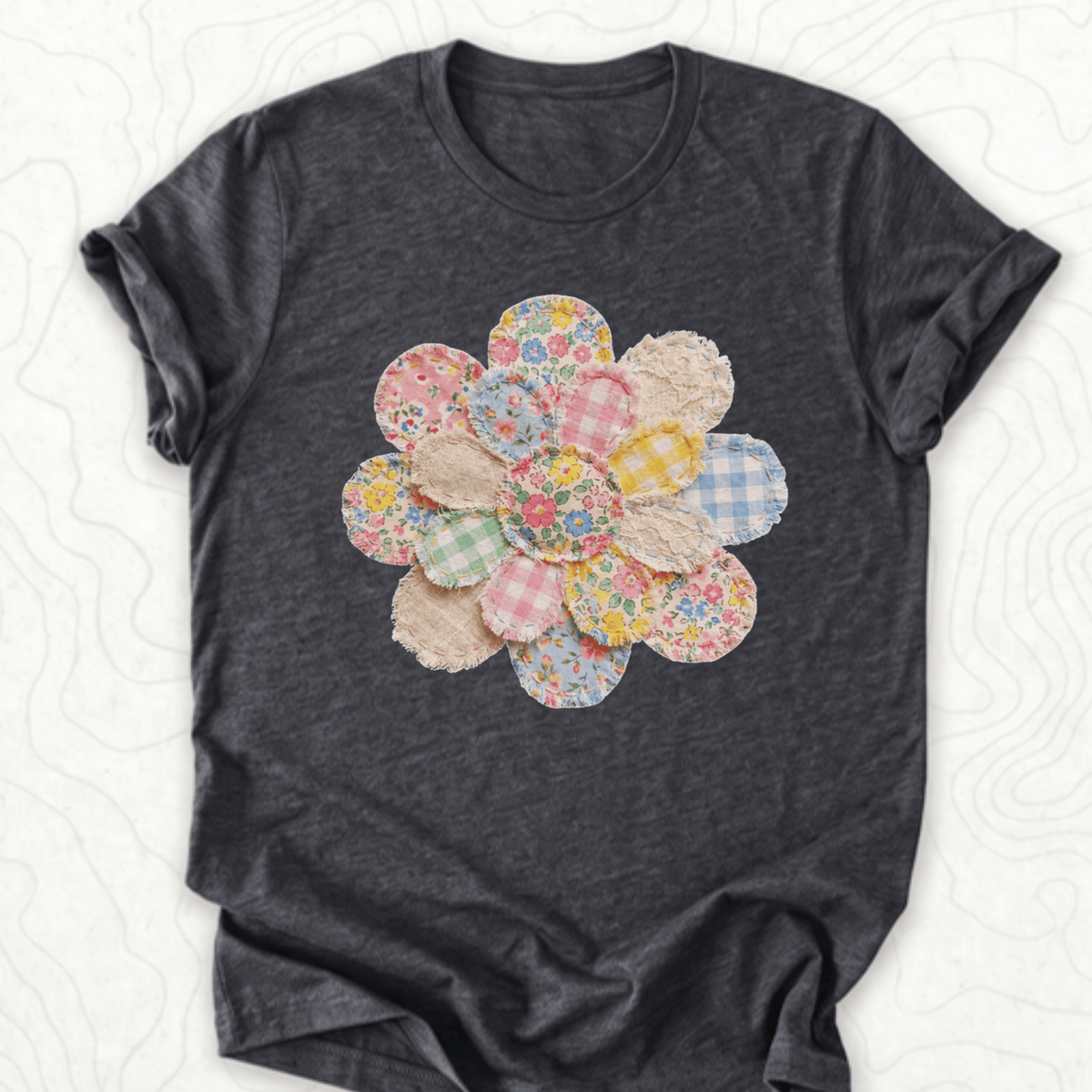 Faux Patchwork Flower Tee - Dark Grey Heather