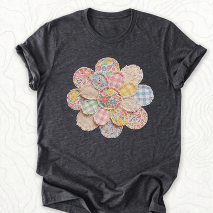 Faux Patchwork Flower Tee - Dark Grey Heather