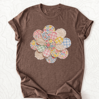 Faux Patchwork Flower Tee - Heather Brown