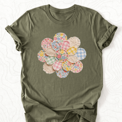 Faux Patchwork Flower Tee - Military Green
