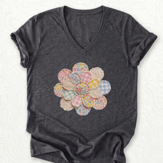 Faux Patchwork Flower V-Neck - Dark Grey Heather