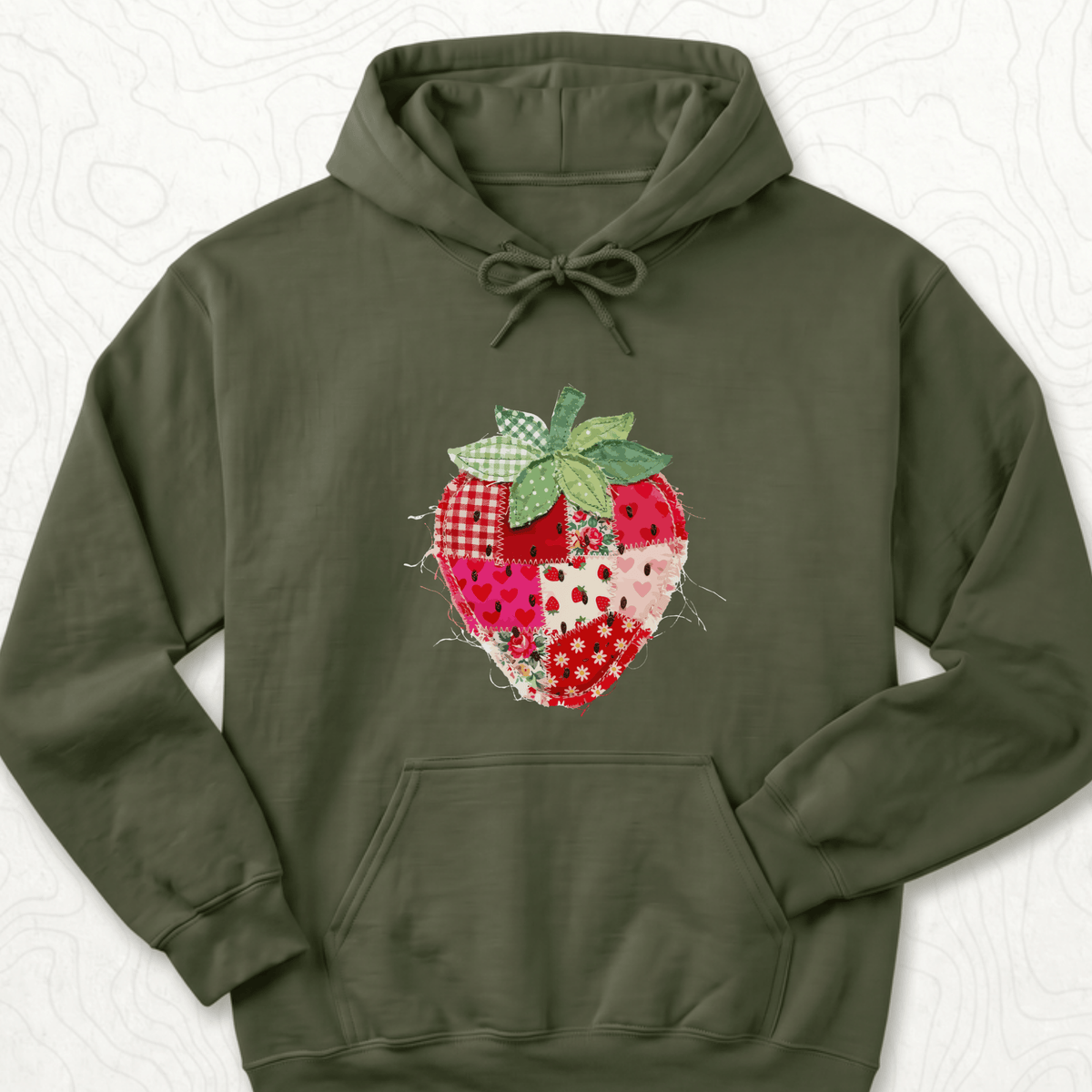 Faux Patchwork Strawberry Hoodie - Military Green