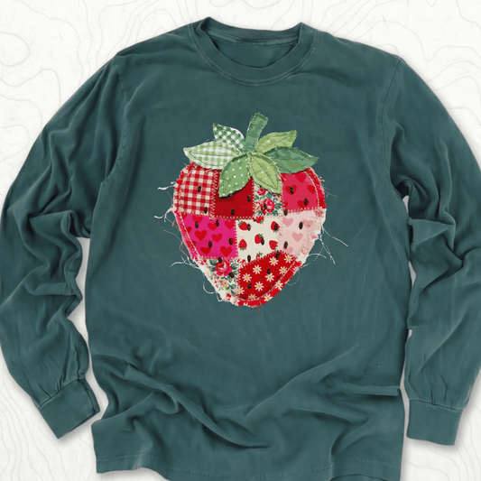 Faux Patchwork Strawberry LS T-shirt - Blue Spruce