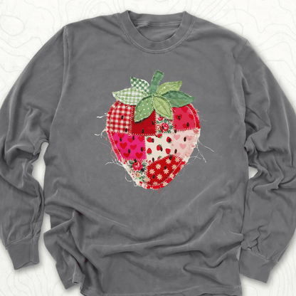 Faux Patchwork Strawberry LS T-shirt - Pepper