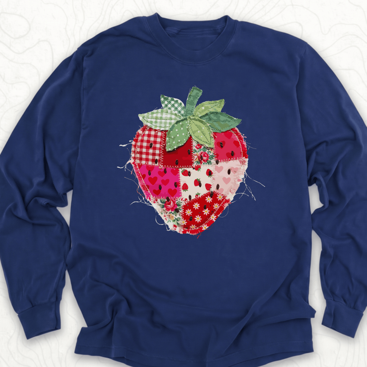 Faux Patchwork Strawberry LS T-shirt - True Navy