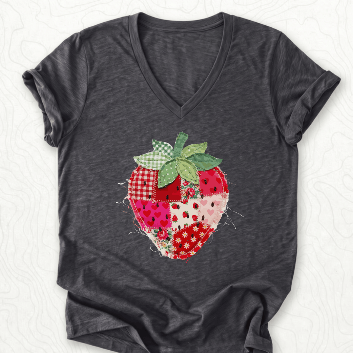 Faux Patchwork Strawberry V-Neck - Dark Grey Heather