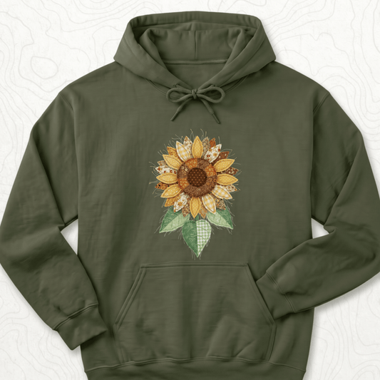 Faux Patchwork Sunflower Hoodie - Military Green