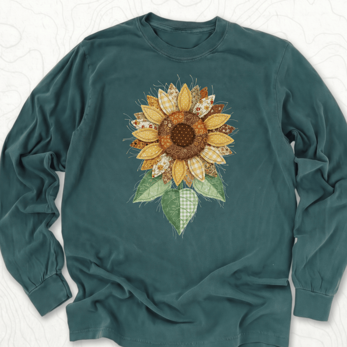 Faux Patchwork Sunflower LS T-shirt - Blue Spruce