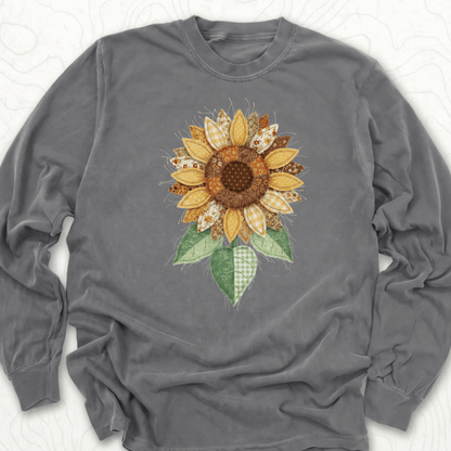Faux Patchwork Sunflower LS T-shirt - Pepper