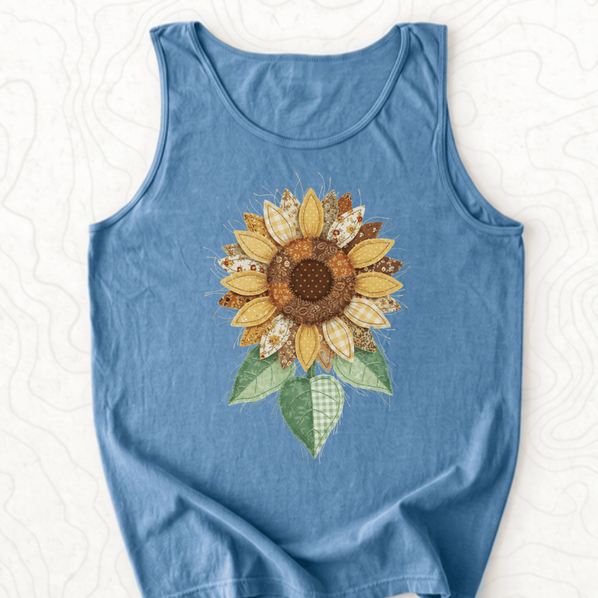 Faux Patchwork Sunflower Tank Top - Blue Jean