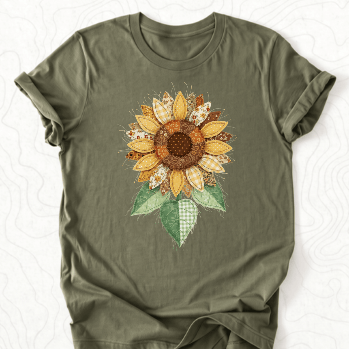 Faux Patchwork Sunflower Tee - Military Green