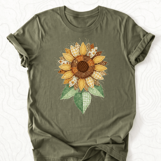 Faux Patchwork Sunflower Tee - Military Green