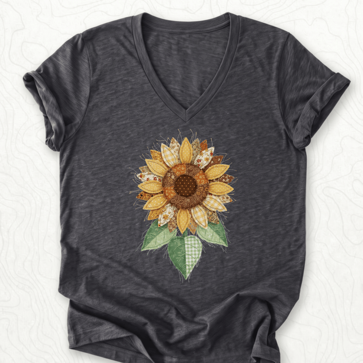 Faux Patchwork Sunflower V-Neck - Dark Grey Heather