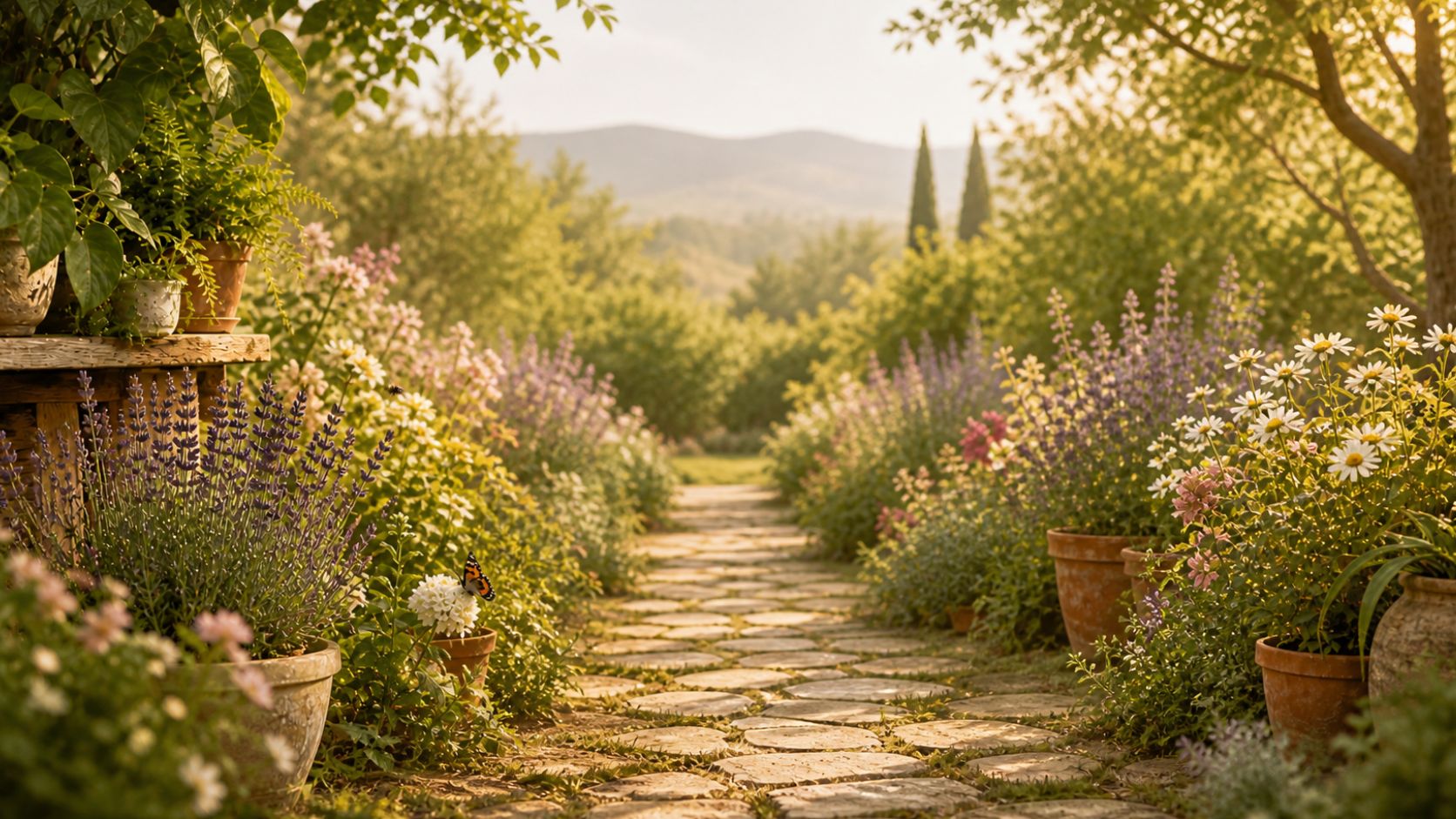 plant parent hero image - Garden pathway lined with potted plants and flowers, leading towards a mountainous landscape.