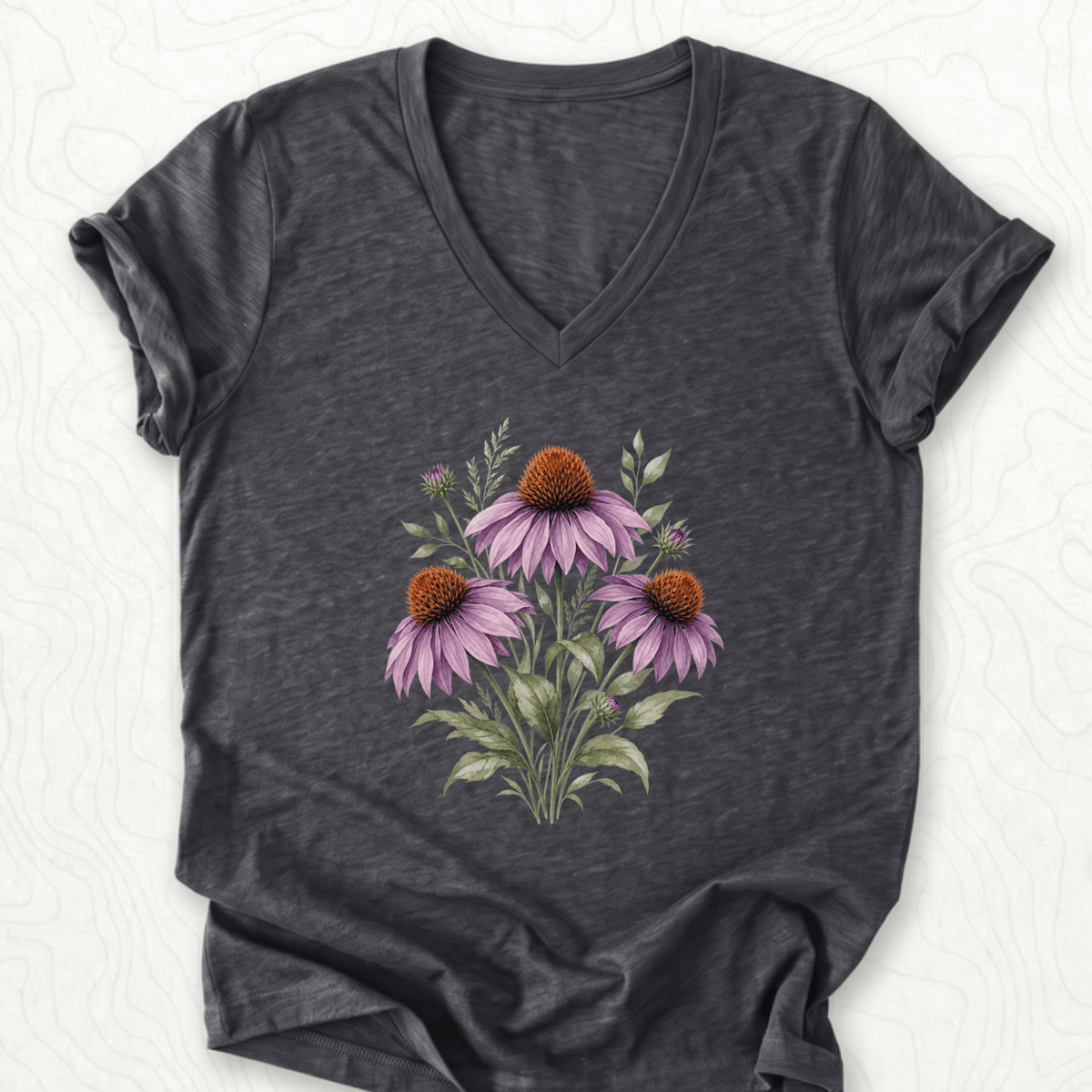 Purple Coneflower V-Neck - Dark Grey Heather