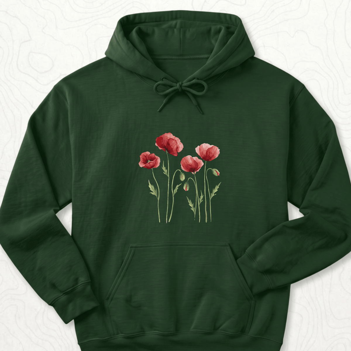 Red Poppies Hoodie - Forest Green
