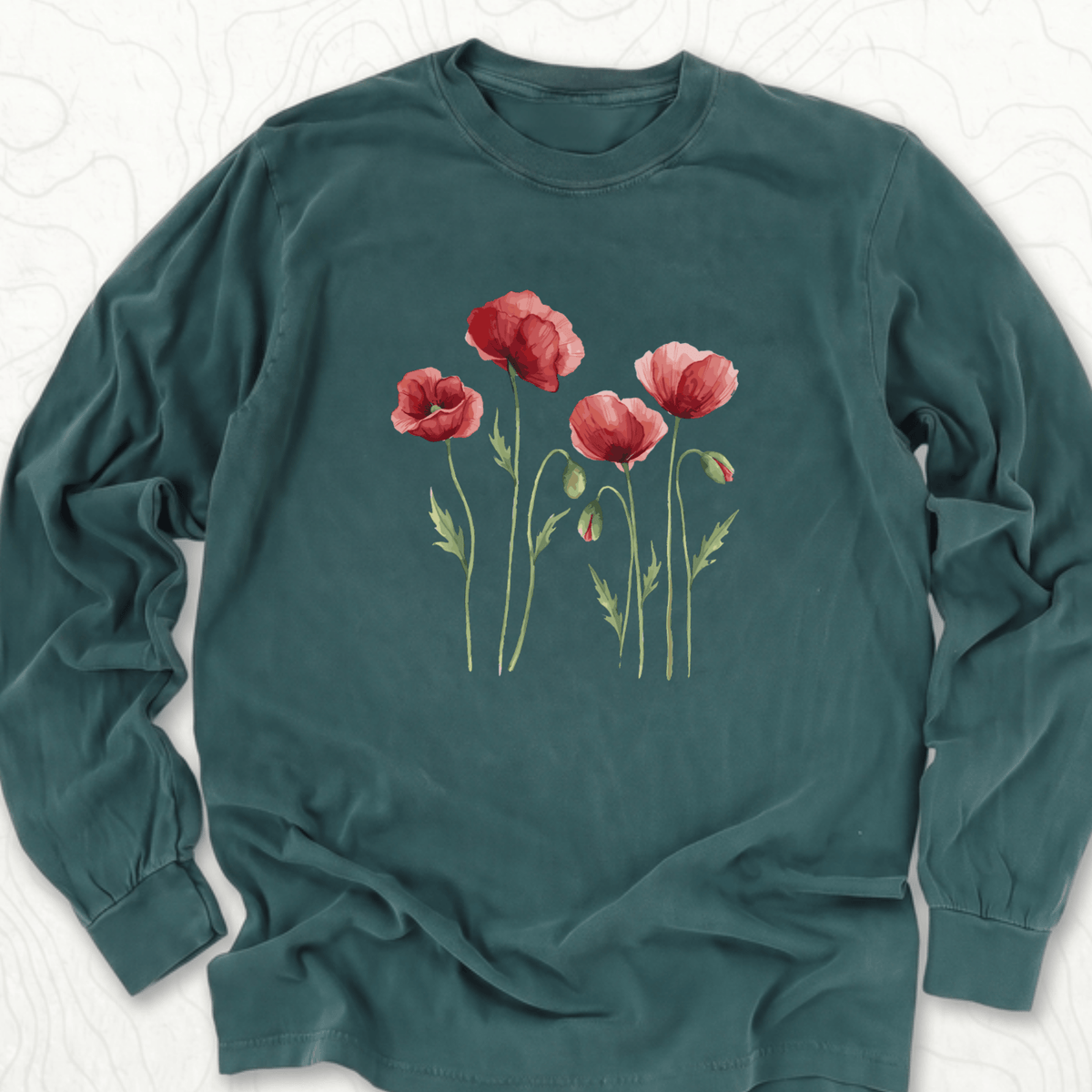 Red Poppies LS T-shirt - Blue Spruce