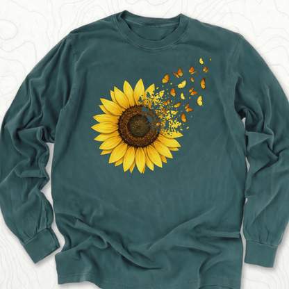 Sunflower Butterflies LS T-shirt - Blue Spruce