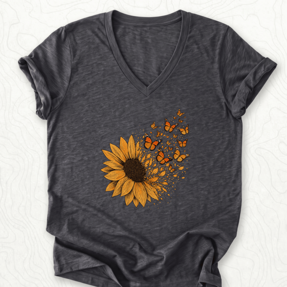 Sunflower Butterflies V-Neck - Dark Grey Heather