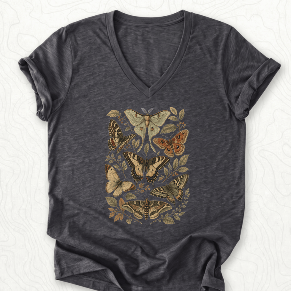 Vintage Butterflies V-Neck - Dark Grey Heather
