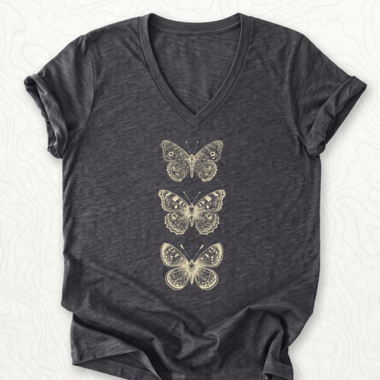 Vintage Butterflies V-Neck - Dark Grey Heather