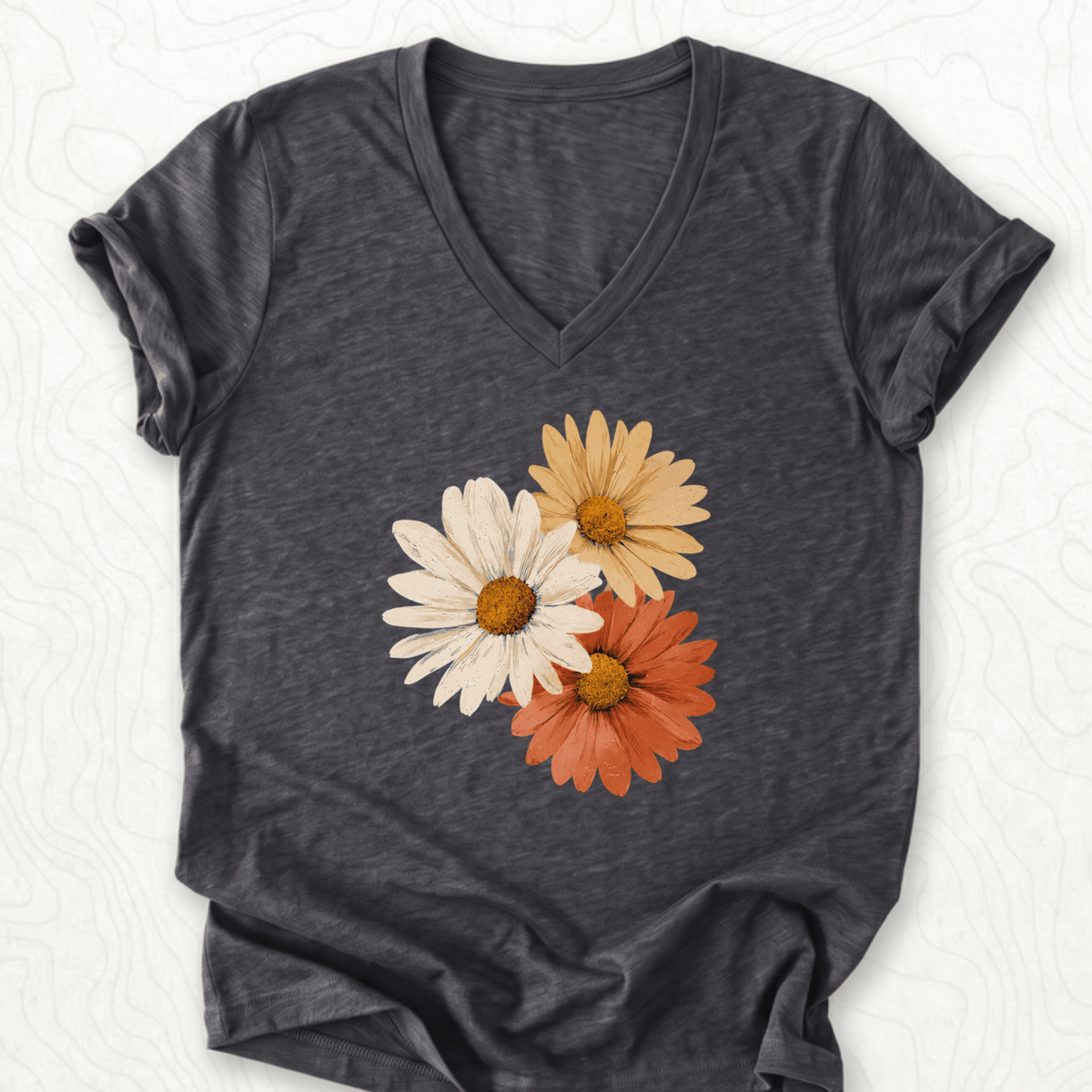 Vintage Daisy Trio V-Neck - Dark Grey Heather