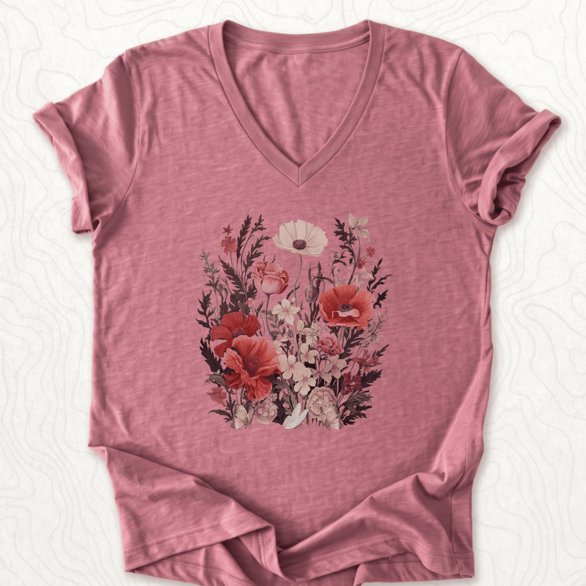 Vintage Wildflowers V-Neck - Heather Mauve