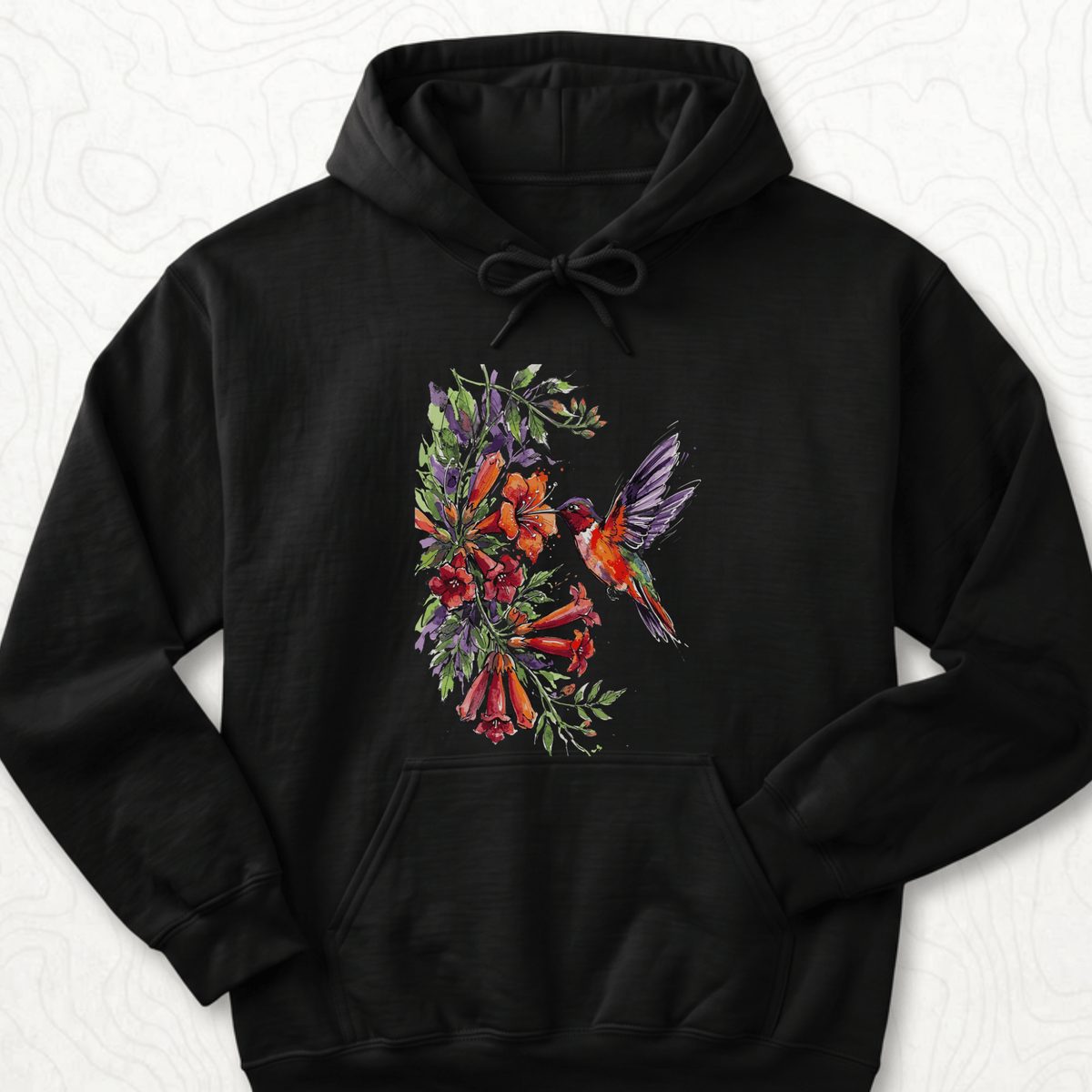 Watercolor Hummingbird Hoodie - Black