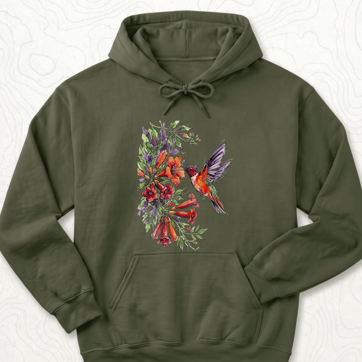 Watercolor Hummingbird Hoodie - Military Green
