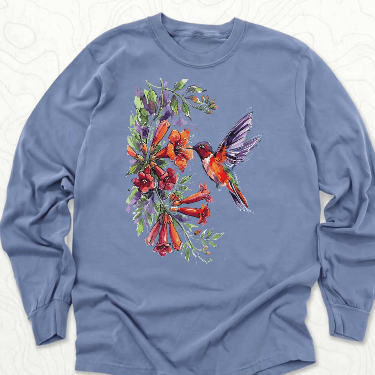 Watercolor Hummingbird LS T-shirt - Blue Jean
