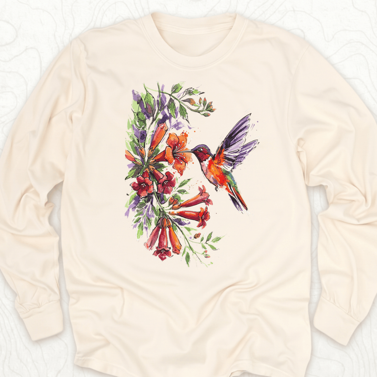 Watercolor Hummingbird LS T-shirt - Ivory