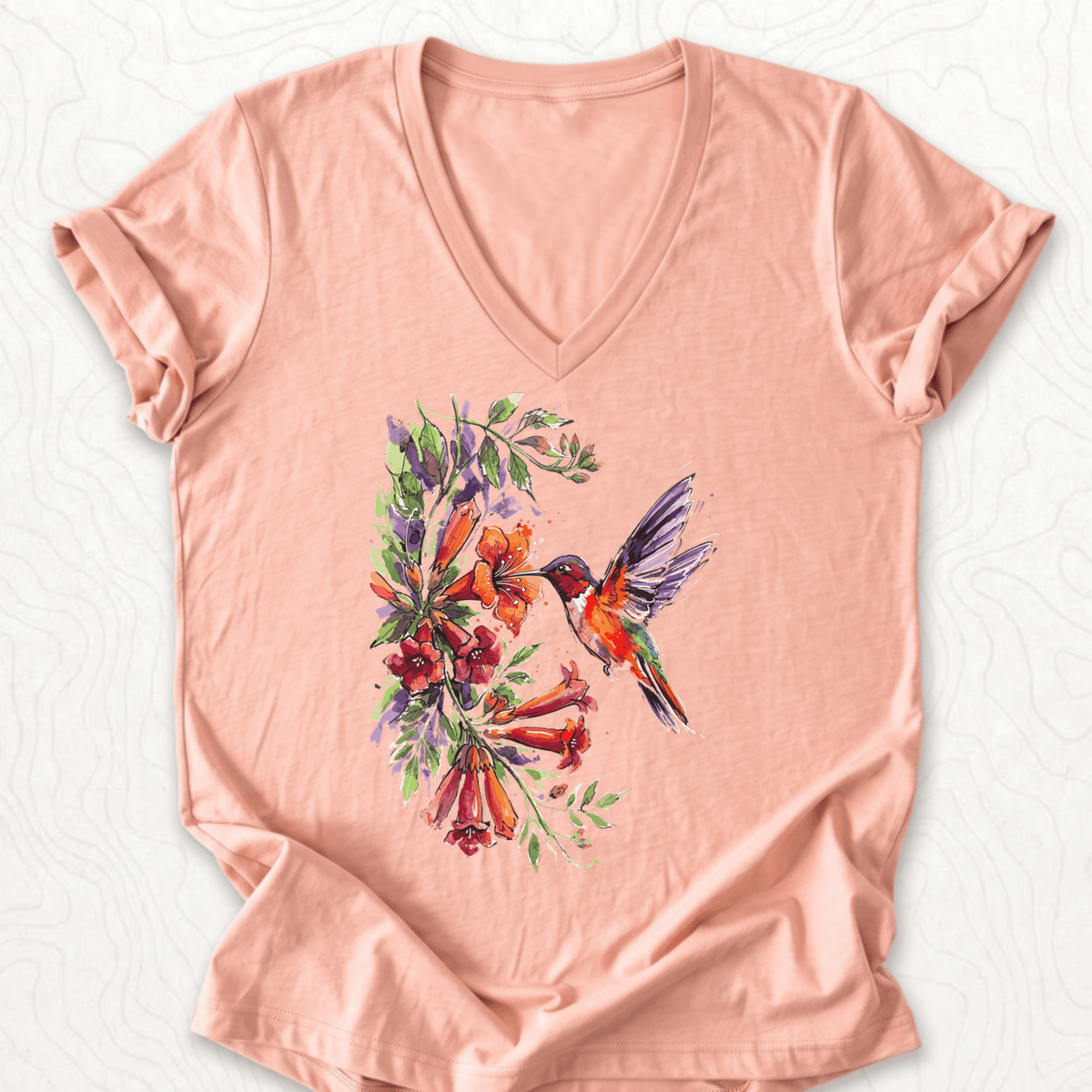 Watercolor Hummingbird V-Neck - Heather Peach