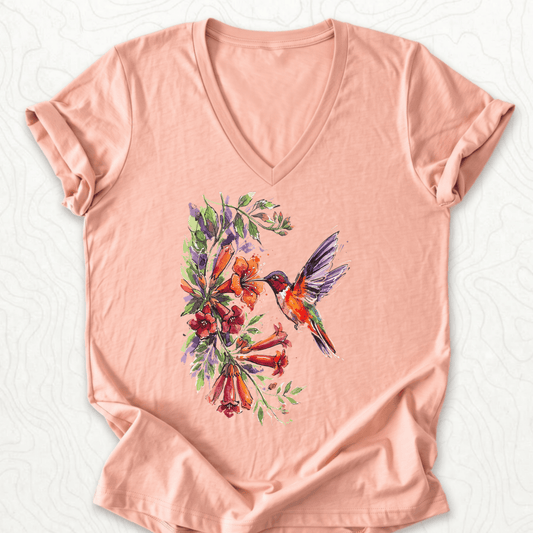 Watercolor Hummingbird V-Neck - Heather Peach