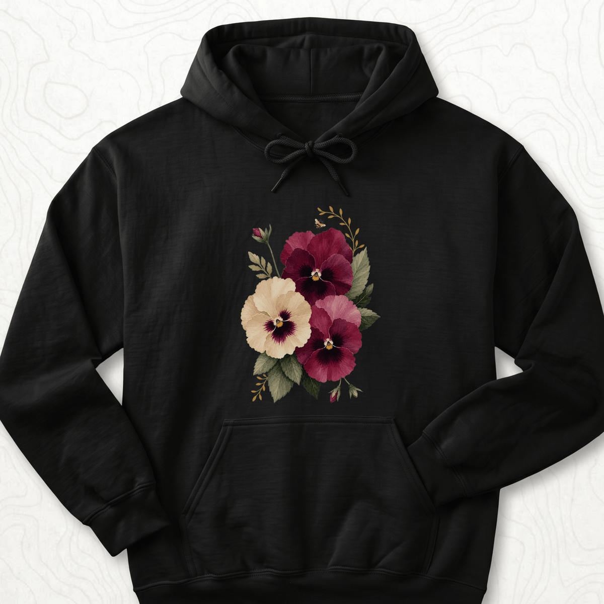 Watercolor Pansies Hoodie - Black