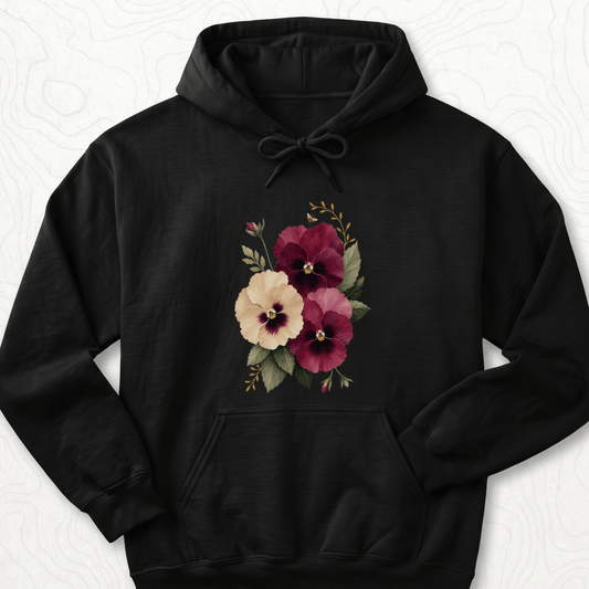 Watercolor Pansies Hoodie - Black