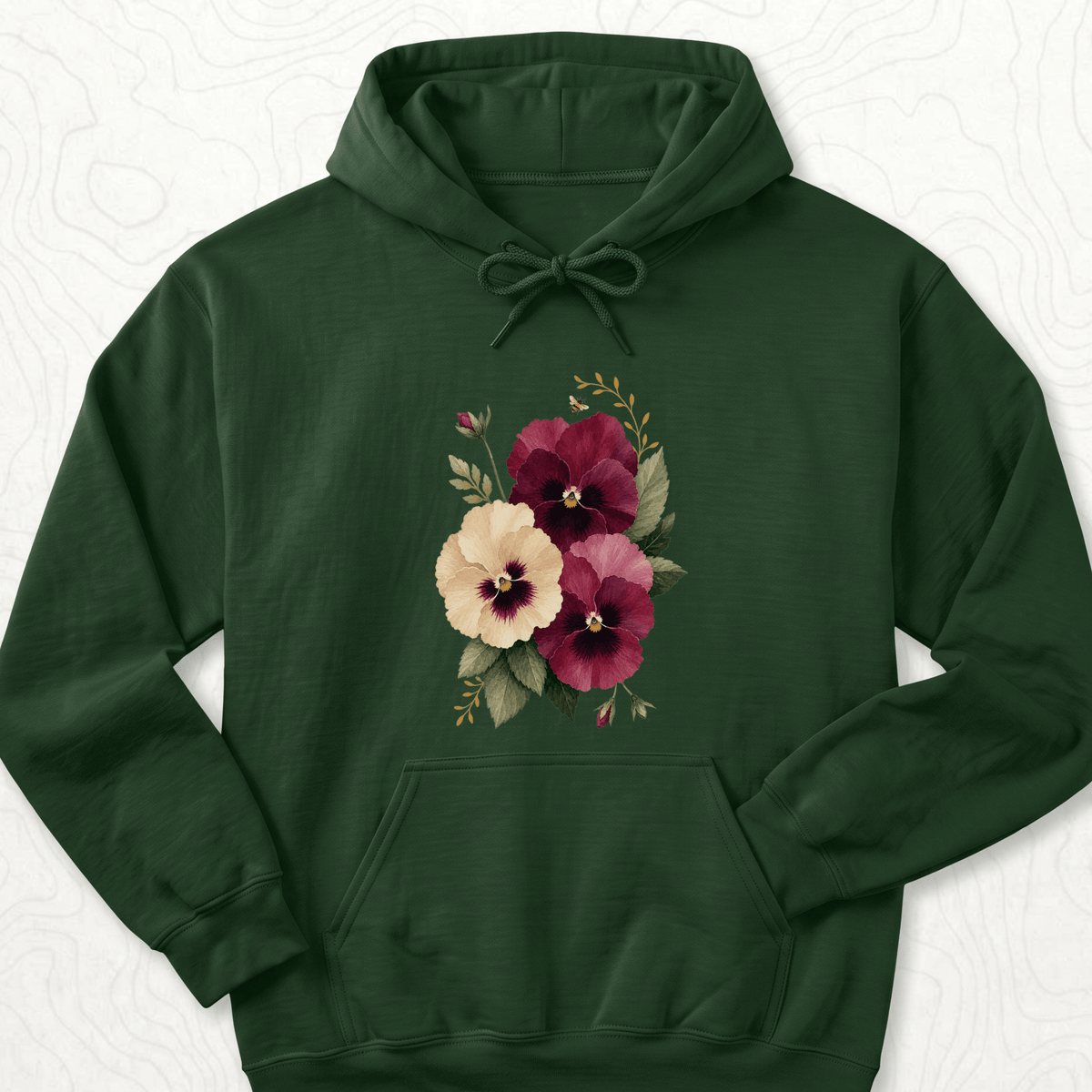 Watercolor Pansies Hoodie - Forest Green