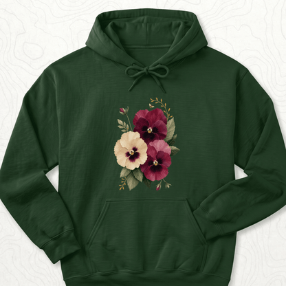 Watercolor Pansies Hoodie - Forest Green