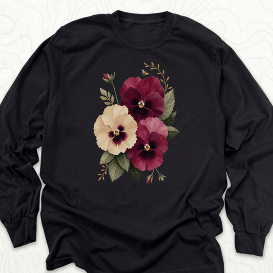 Watercolor Pansies LS T-shirt - Black