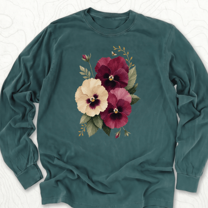 Watercolor Pansies LS T-shirt - Blue Spruce
