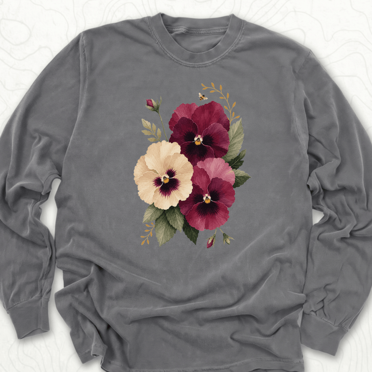 Watercolor Pansies LS T-shirt - Pepper