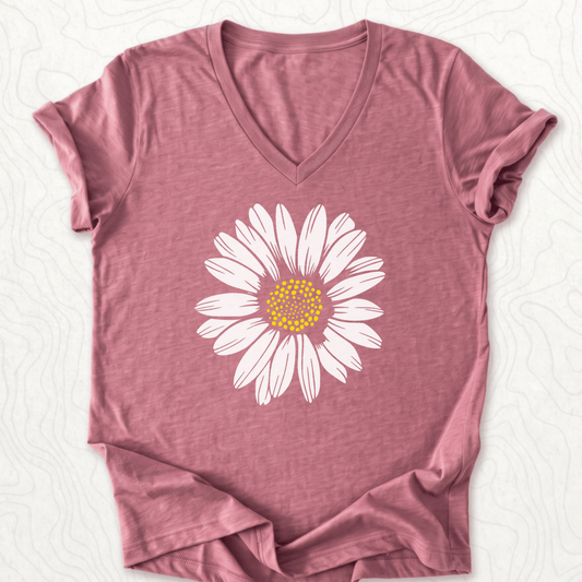 White Daisy V-Neck - Heather Mauve
