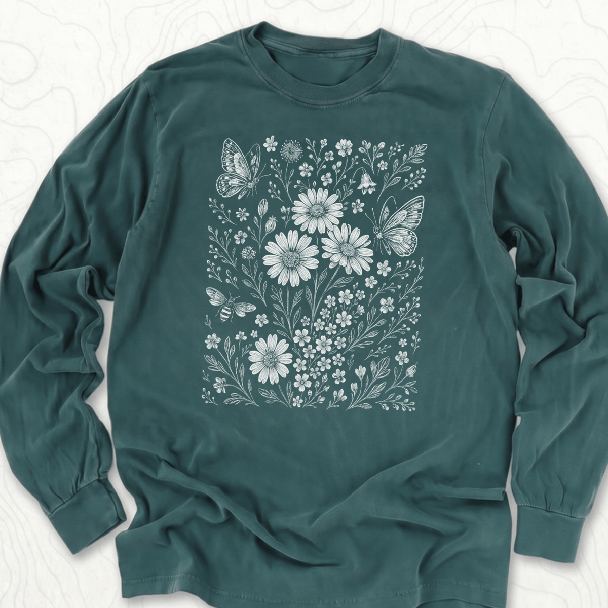 Wildflower Butterflies LS T-shirt - Blue Spruce