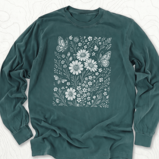 Wildflower Butterflies LS T-shirt - Blue Spruce